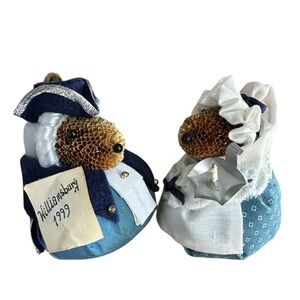 Vtg Colonial Williamsburg Sunflower Pod Face Bear Couple Christmas Ornaments Set